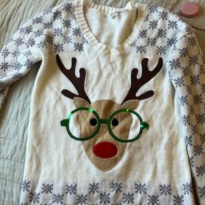 Ugly Christmas Sweater White Deer with glasses M reindeer snowflakes